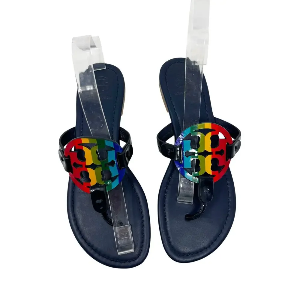 TORY BURCH Navy Blue Rainbow Stripe Miller Logo Patent Leather Sandals Size 7